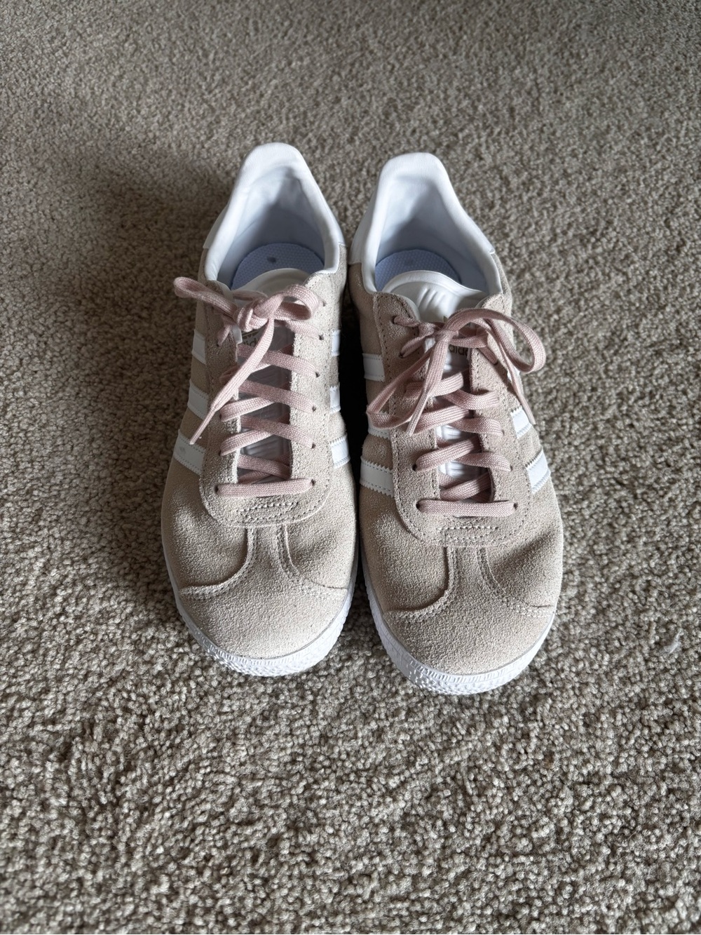 adidas Beige Suede Sneakers with Pink Laces and White Stripes